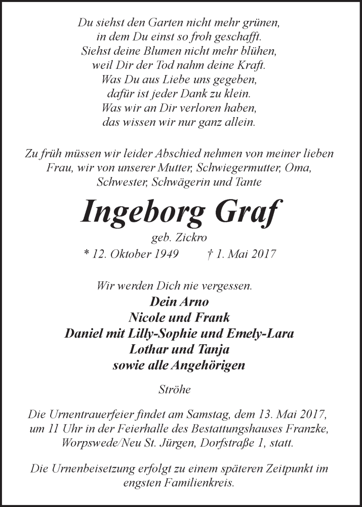 Traueranzeige von Ingeborg Graf von Osterholzer Kreisblatt