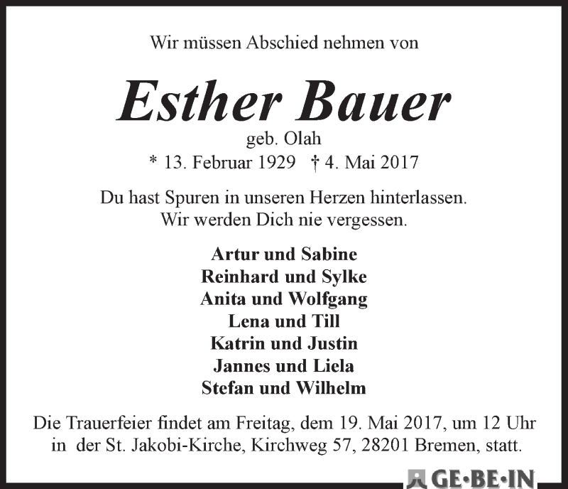 Traueranzeige von Esther Bauer von WESER-KURIER