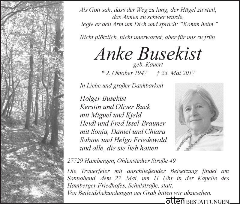  Traueranzeige für Anke Busekist vom 26.05.2017 aus Osterholzer Kreisblatt