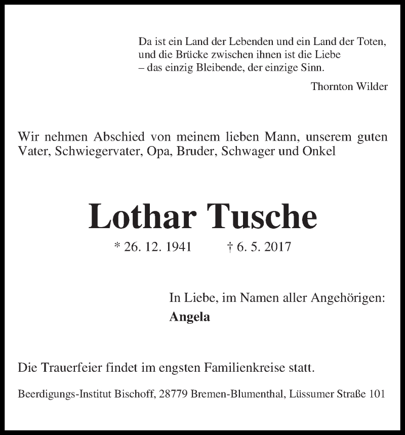 Traueranzeige von Lothar Tusche von Die Norddeutsche