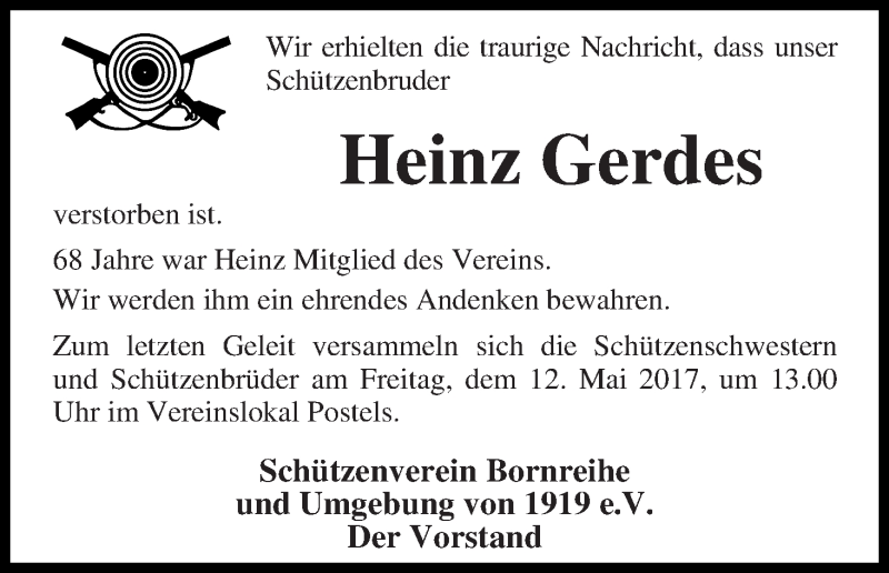 Traueranzeige von Heinz Gerdes von Osterholzer Kreisblatt