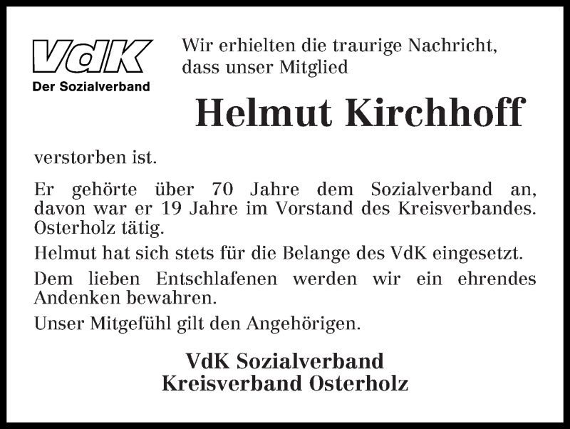 Traueranzeige von Helmut Kirchhoff von Osterholzer Kreisblatt