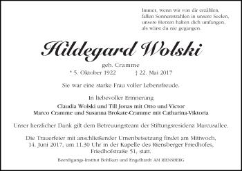 Traueranzeige von Hildegard Wolski
