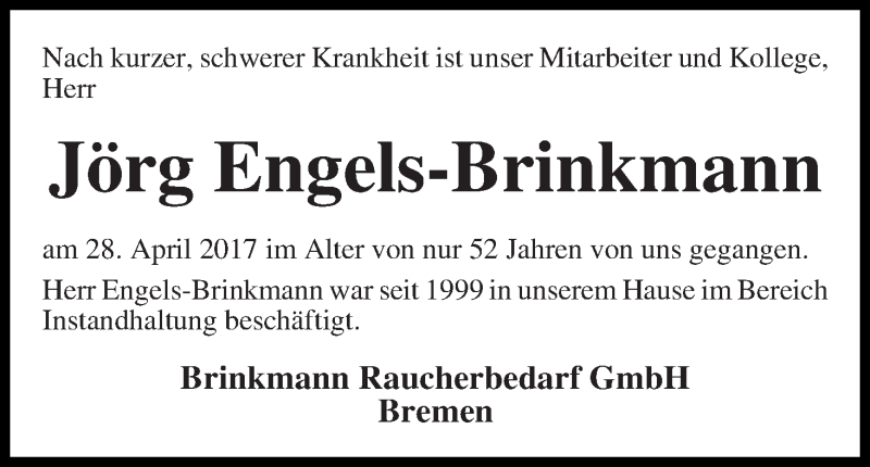  Traueranzeige für Jörg Engels-Brinkmann vom 06.05.2017 aus WESER-KURIER
