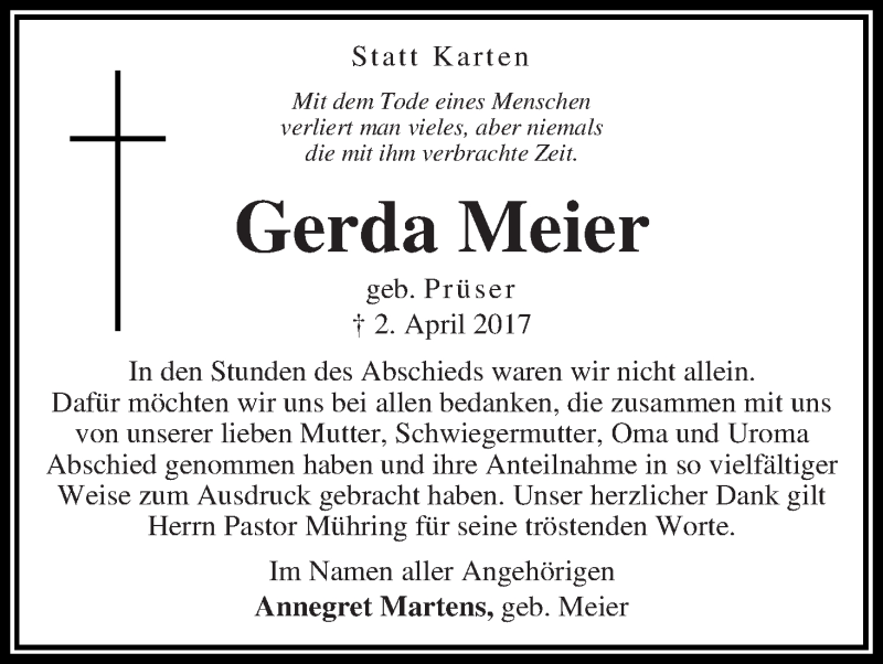 Traueranzeige von Gerda Meier von WESER-KURIER
