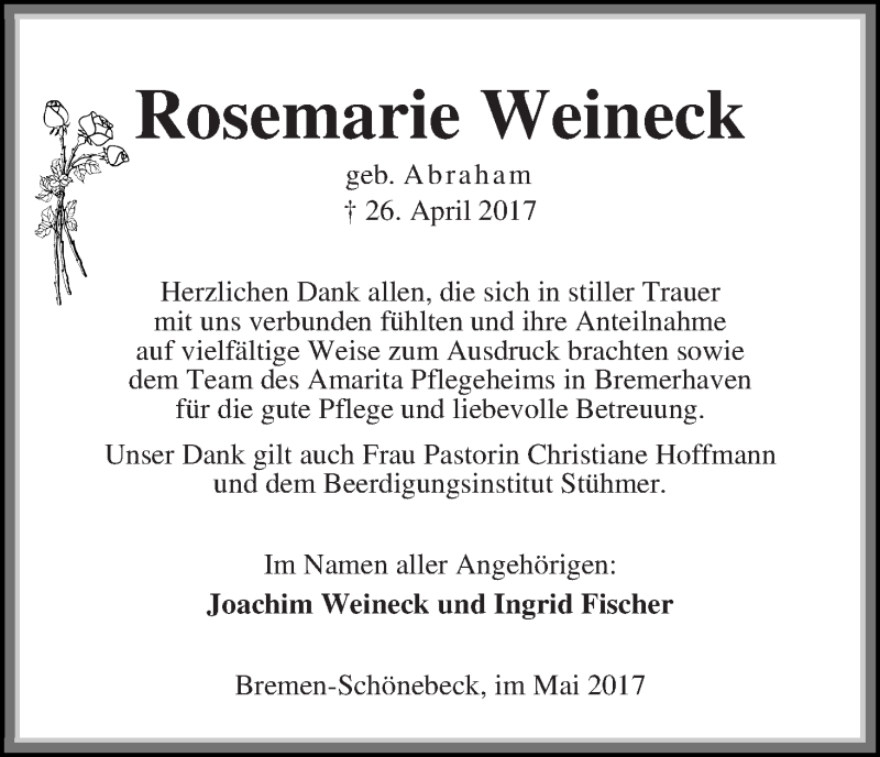 Traueranzeige von Rosemarie Weineck von Die Norddeutsche