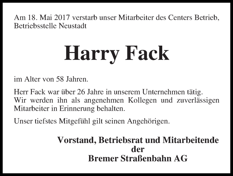  Traueranzeige für Harry Fack vom 27.05.2017 aus WESER-KURIER