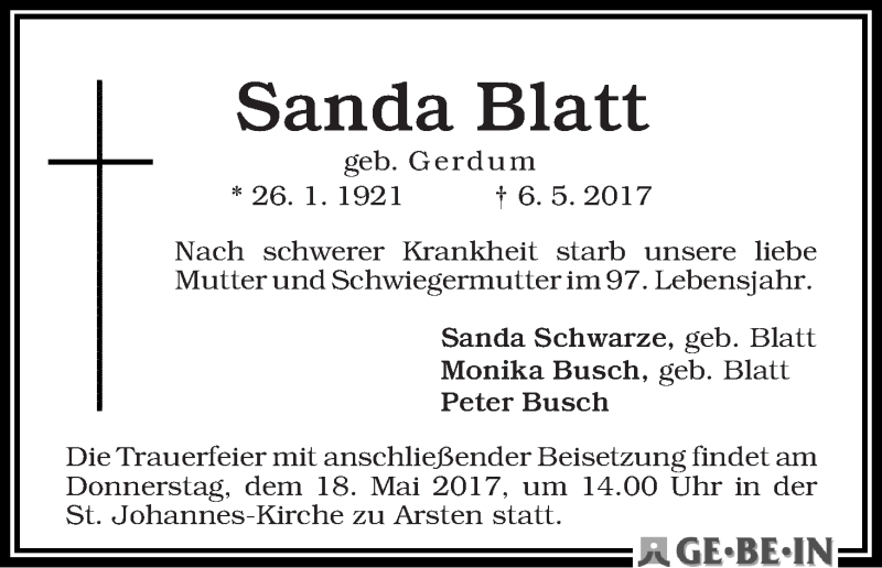 Traueranzeige von Sanda Blatt von WESER-KURIER