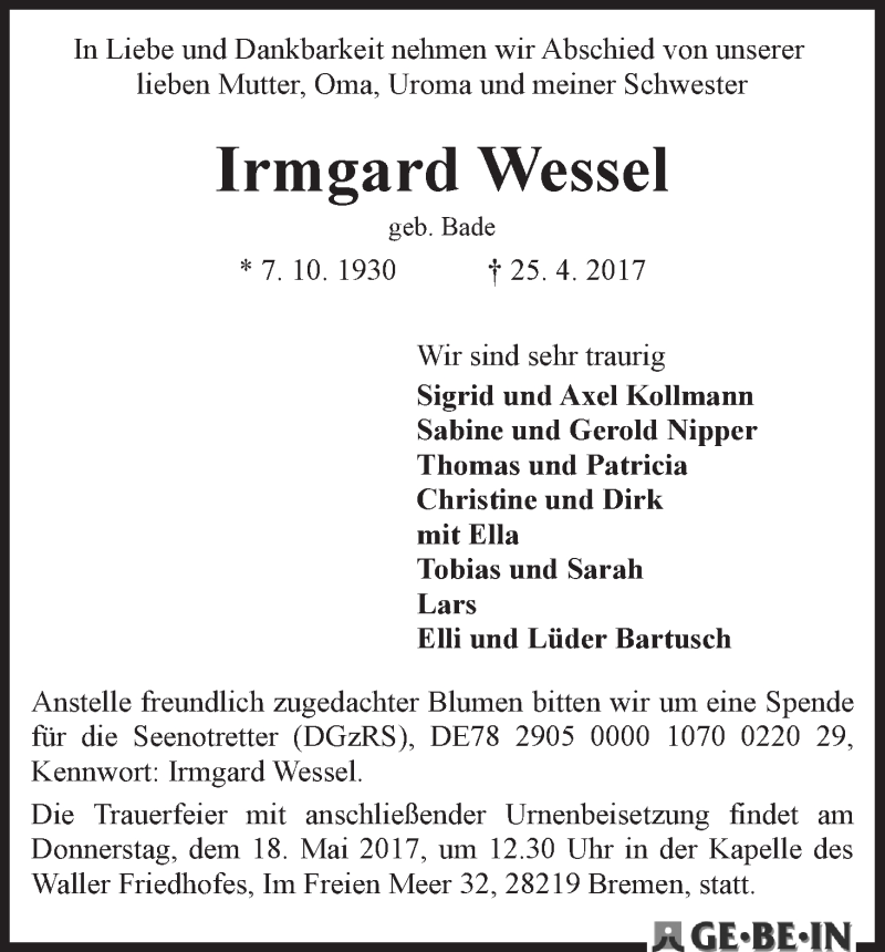 Traueranzeige von Irmgard Wessel von WESER-KURIER