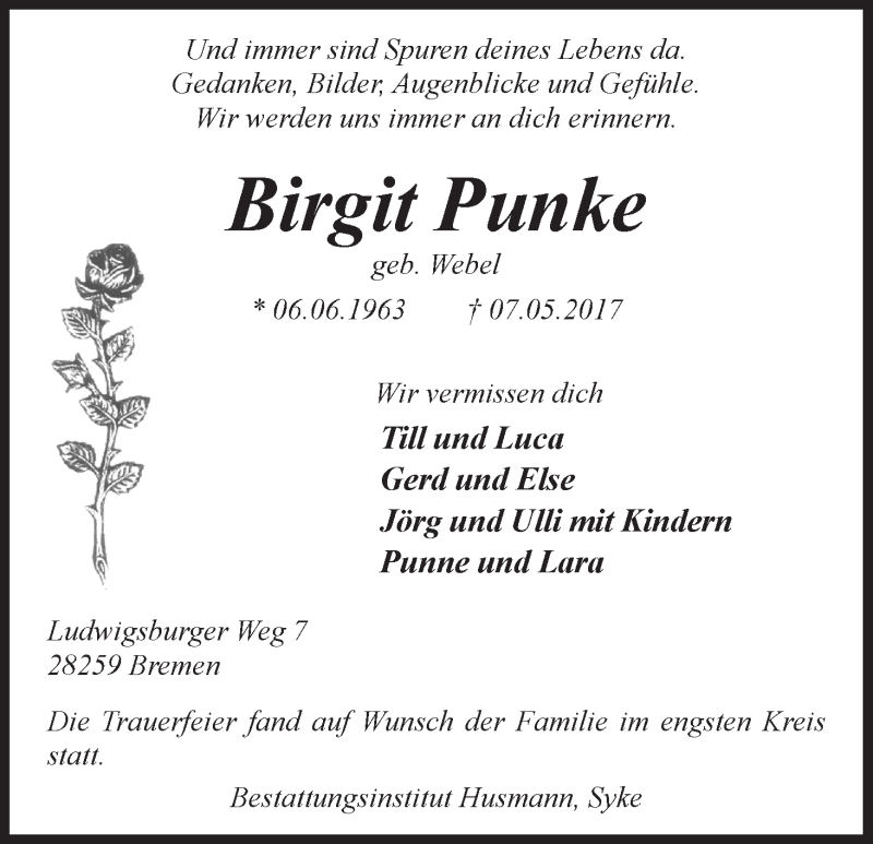 Traueranzeige von Birgit Punke von WESER-KURIER