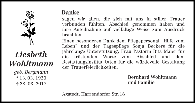 Traueranzeige von Liesbeth Wohltmann von Osterholzer Kreisblatt