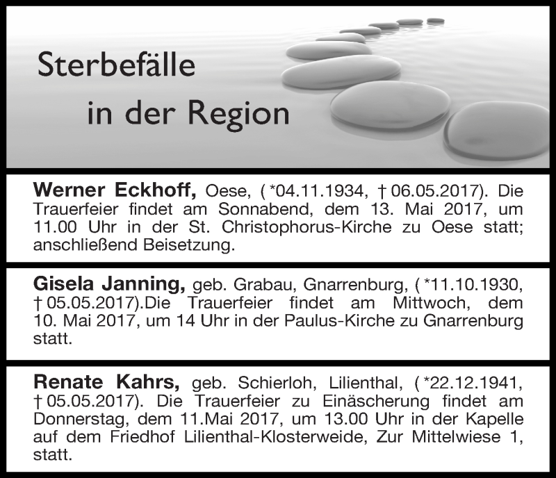 Traueranzeige von Sterbefälle 09.05.2017 Region Lilienthal von Osterholzer Kreisblatt