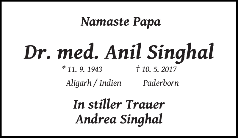  Traueranzeige für Anil Singhal vom 13.05.2017 aus WESER-KURIER