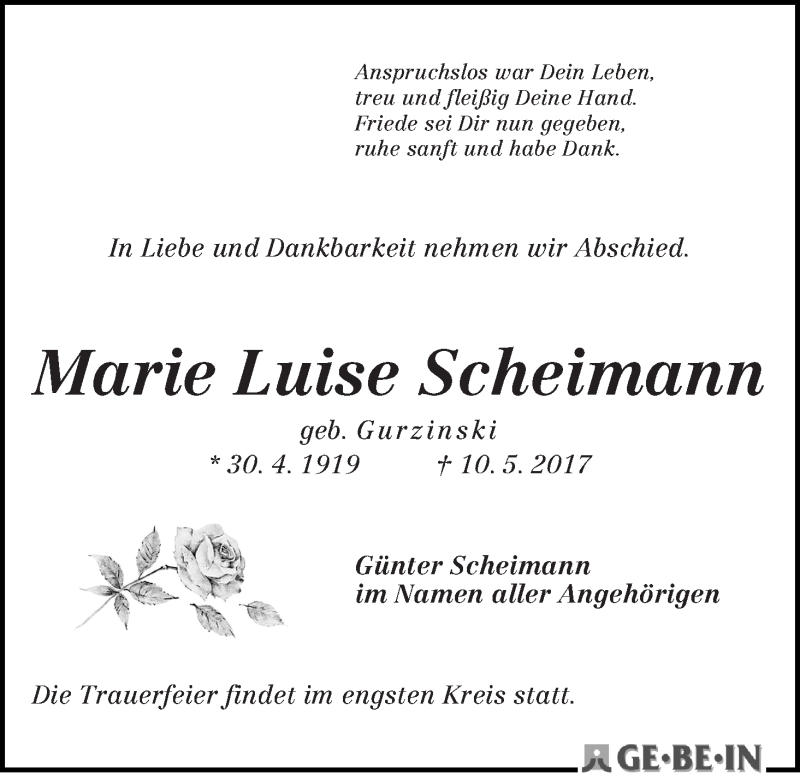 Traueranzeige von Marie Luise Scheimann von WESER-KURIER