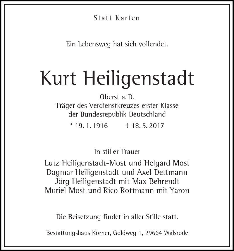 Traueranzeige von Kurt Heiligenstadt von WESER-KURIER