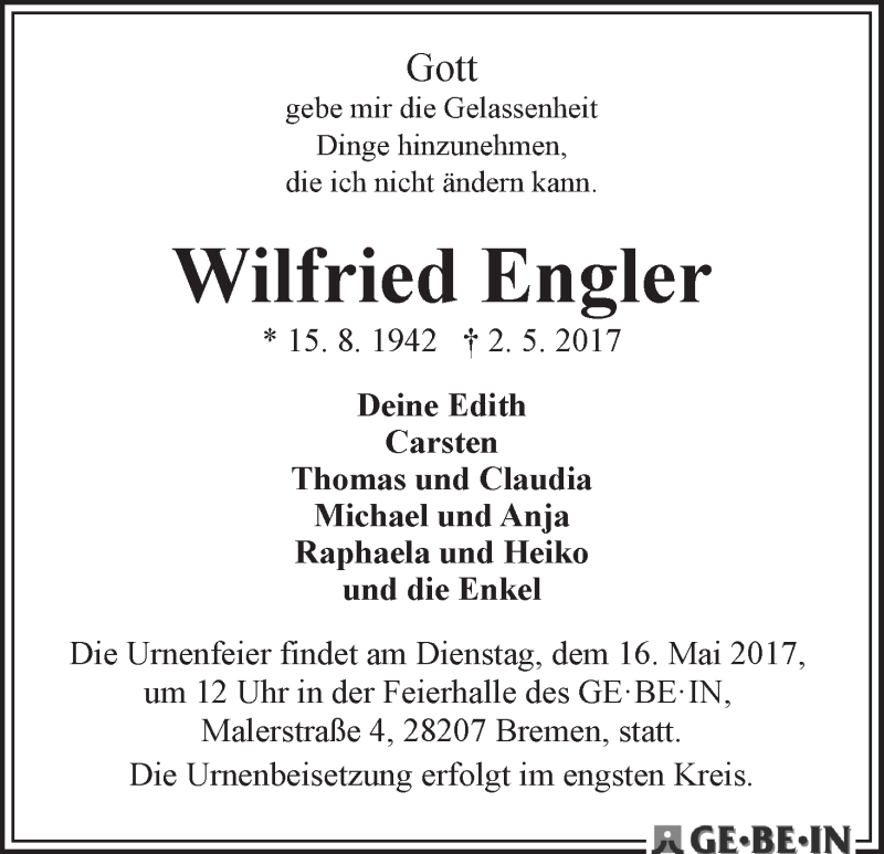  Traueranzeige für Wilfried Engler vom 13.05.2017 aus WESER-KURIER