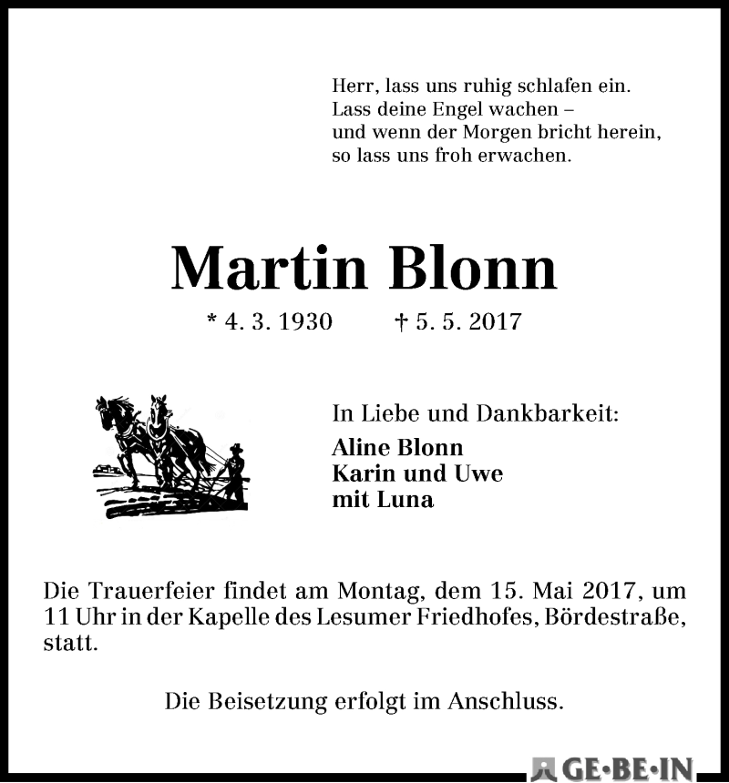Traueranzeige von Martin Blonn von Die Norddeutsche