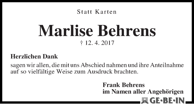 Traueranzeige von Marlise Behrens von WESER-KURIER