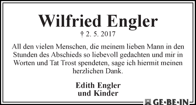  Traueranzeige für Wilfried Engler vom 27.05.2017 aus WESER-KURIER