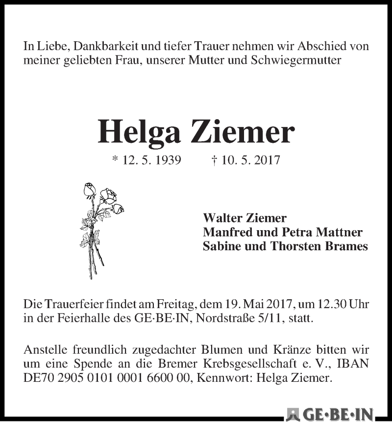 Traueranzeige von Helga Ziemer von WESER-KURIER