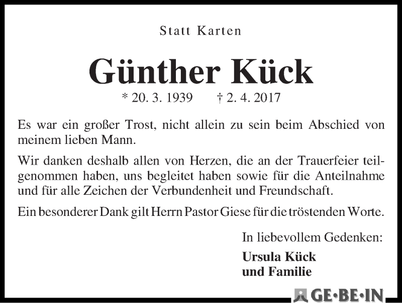 Traueranzeige von Günther Kück von Die Norddeutsche