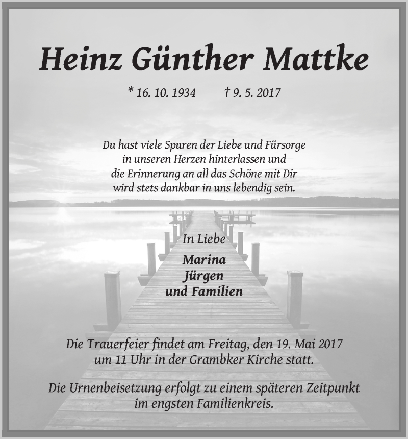 Traueranzeige von HeinzGünther Mattke von Die Norddeutsche