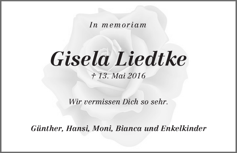 Traueranzeige von Gisela Liedtke von Wuemme Zeitung