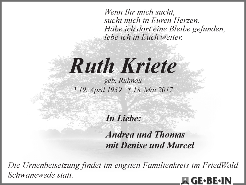 Traueranzeige von Ruth Kriete von WESER-KURIER