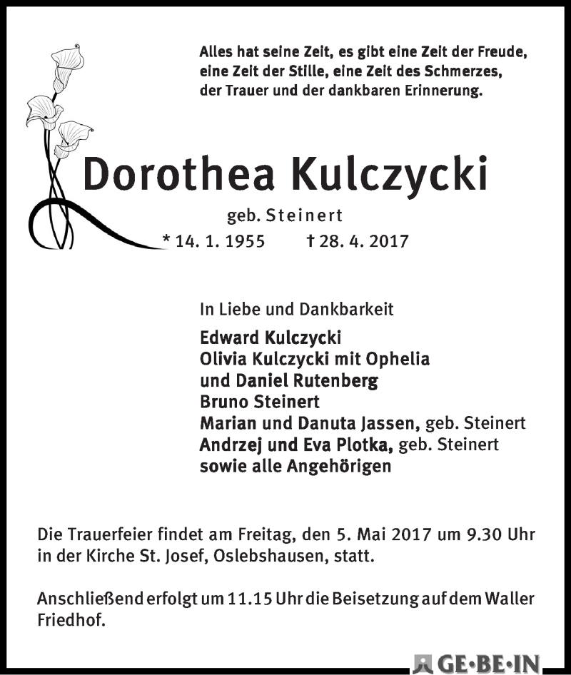 Traueranzeige von Dorothea Kulczycki von WESER-KURIER