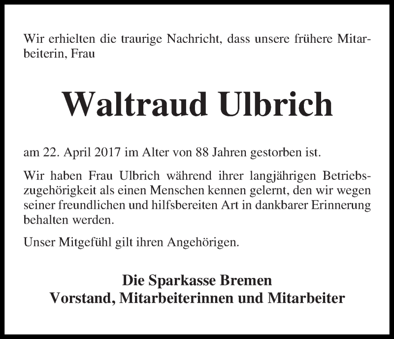 Traueranzeige von Waltraud Ulbrich von WESER-KURIER