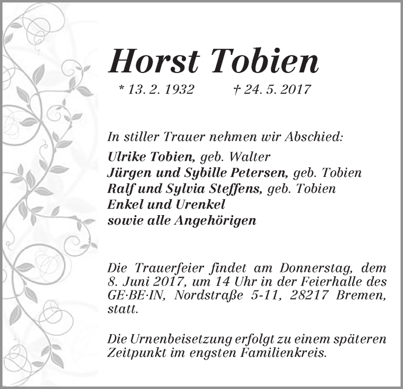  Traueranzeige für Horst Tobien vom 31.05.2017 aus WESER-KURIER