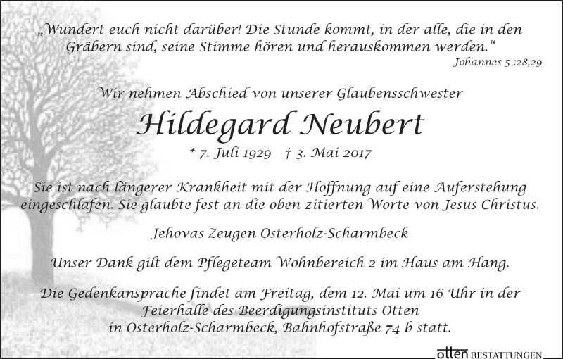 Traueranzeige von Hildegard Neubert von Osterholzer Kreisblatt