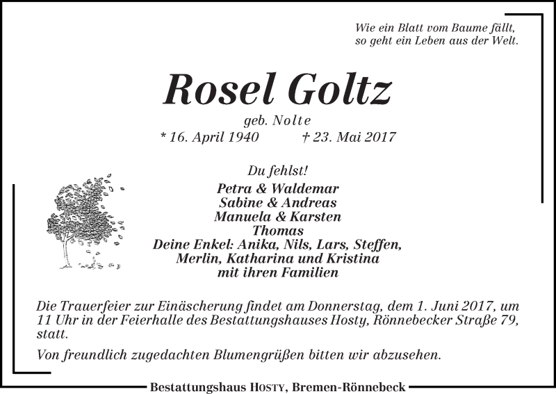  Traueranzeige für Rosel Goltz vom 27.05.2017 aus Die Norddeutsche