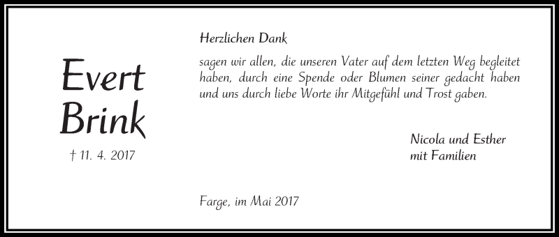 Traueranzeige von Evert Brink von Die Norddeutsche