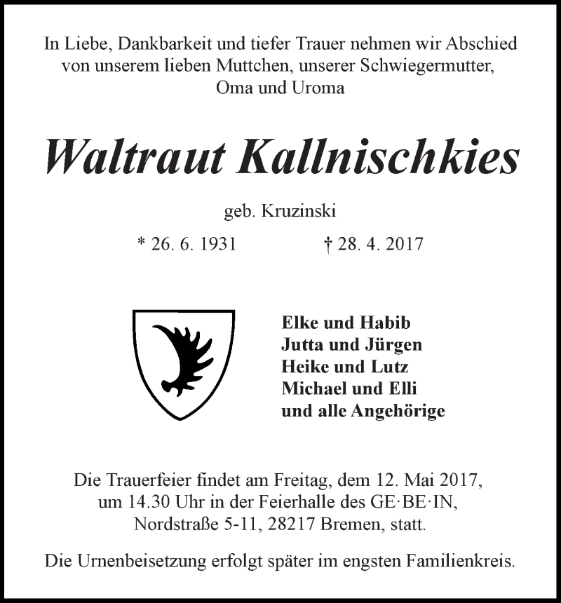 Traueranzeige von Waltraut Kallnischkies von WESER-KURIER
