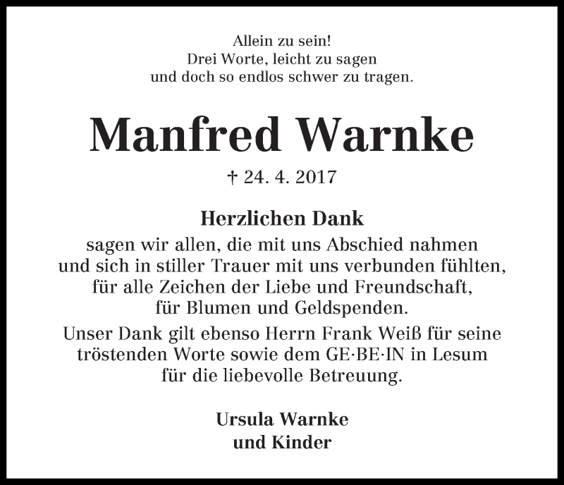 Traueranzeige von Manfred Warnke von Die Norddeutsche