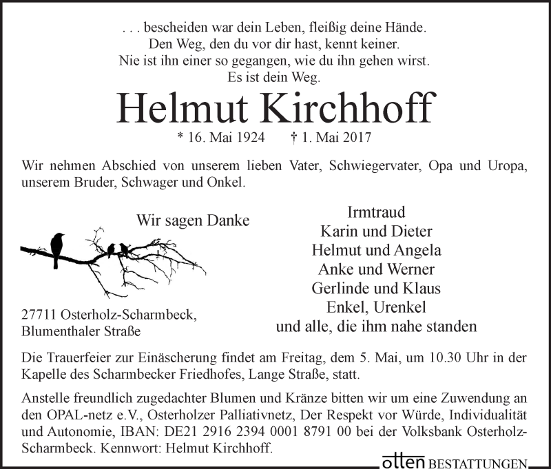 Traueranzeige von Helmut Kirchhoff von Osterholzer Kreisblatt