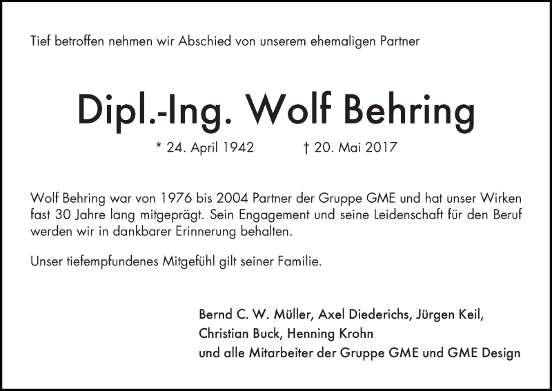 Traueranzeige von Wolf Behring von Achimer Kurier/Verdener Nachrichten