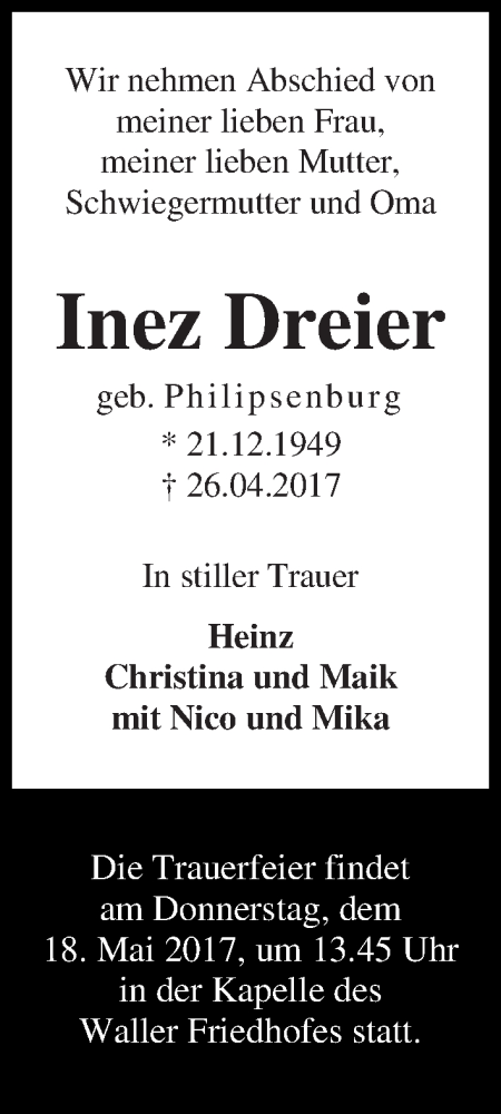  Traueranzeige für Inez Dreier vom 06.05.2017 aus WESER-KURIER