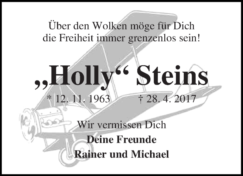  Traueranzeige für Holger Steins vom 06.05.2017 aus WESER-KURIER