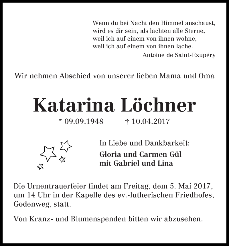 Traueranzeige von Katarina Löchner von Die Norddeutsche