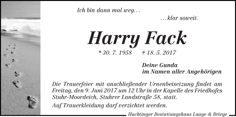  Traueranzeige für Harry Fack vom 27.05.2017 aus WESER-KURIER