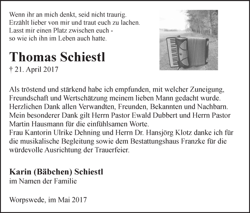  Traueranzeige für Thomas Schiestl vom 20.05.2017 aus Wuemme Zeitung