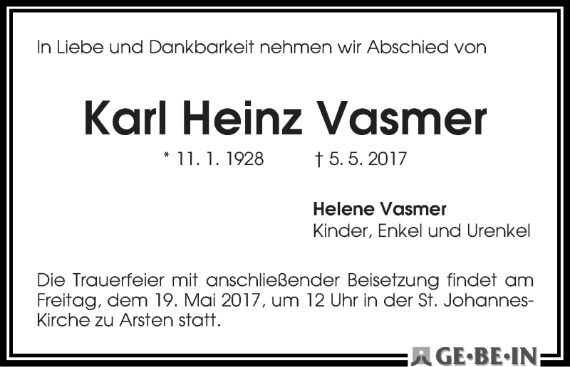 Traueranzeige von Karl Heinz Vasmer von WESER-KURIER