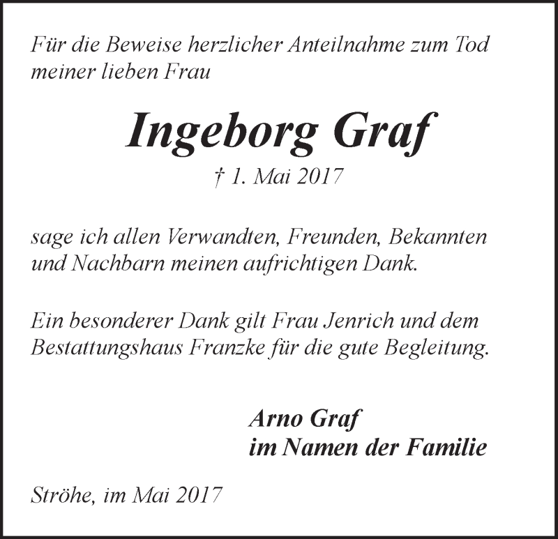Traueranzeige von Ingeborg Graf von Osterholzer Kreisblatt