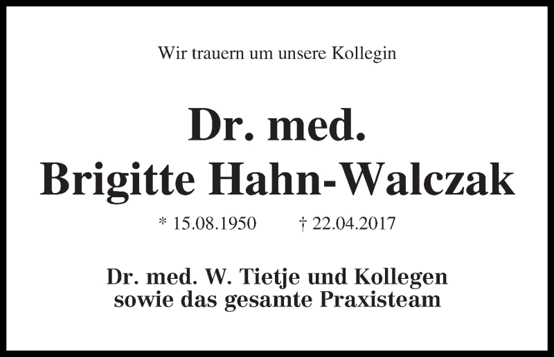 Traueranzeige von Brigitte Hahn-Walczak von WESER-KURIER