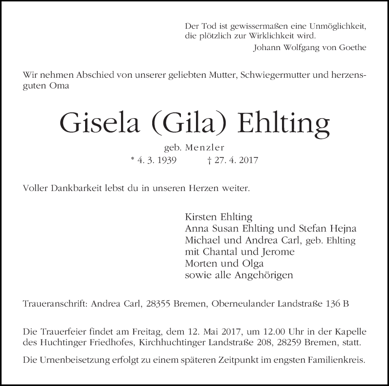 Traueranzeige von Gisela Ehlting von WESER-KURIER