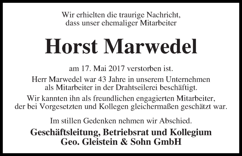 Traueranzeige von Horst Marwedel von Die Norddeutsche