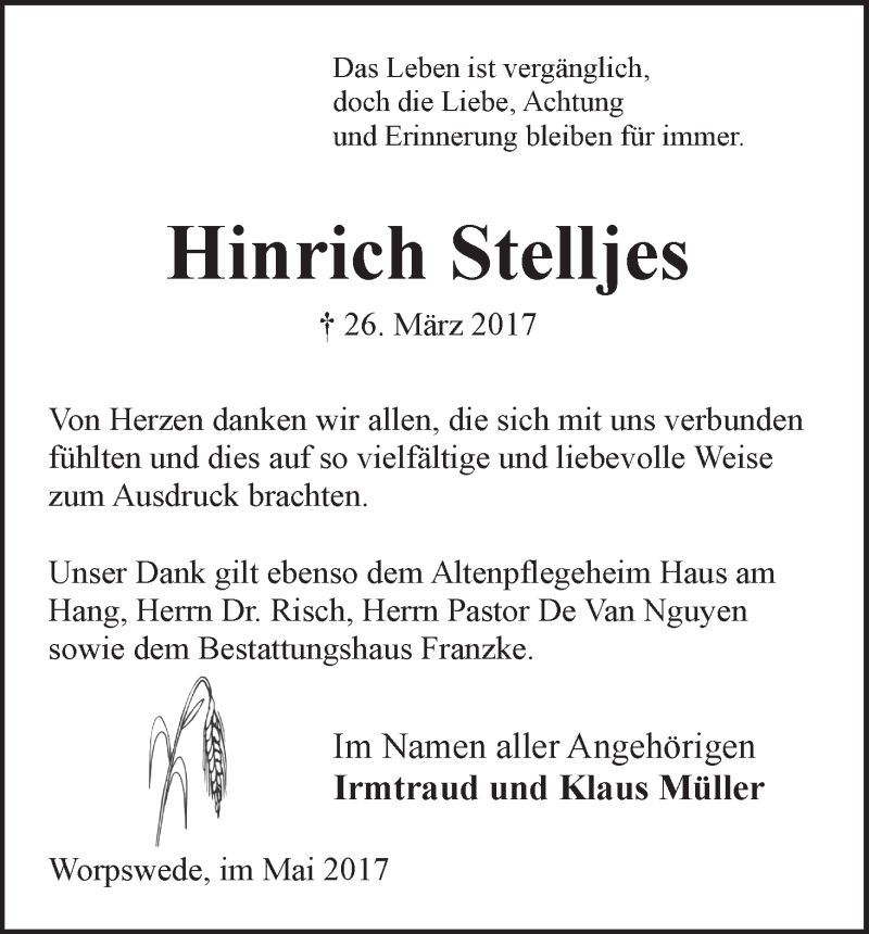 Traueranzeige von Hinirch Stelljes von Wuemme Zeitung