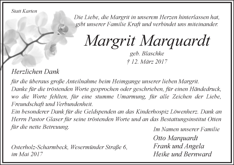 Traueranzeige von Margrit Marquardt von Osterholzer Kreisblatt